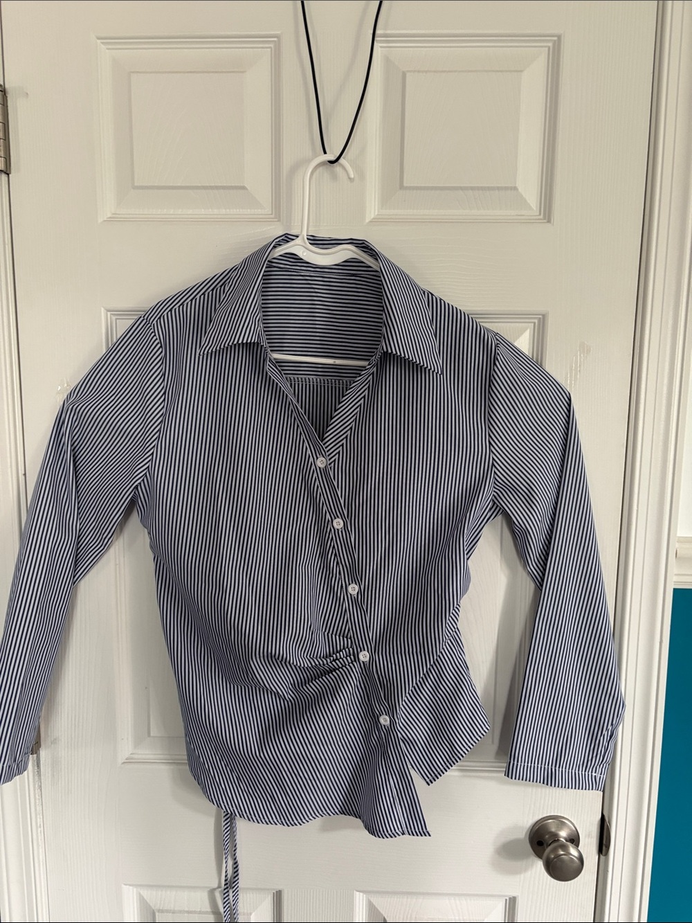 Striped Button-Front Wrap Shirt in Navy